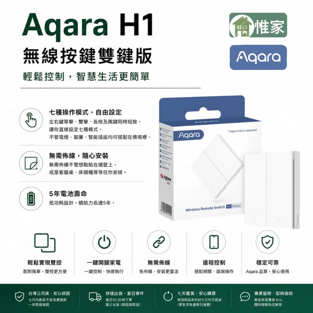 Aqara智能無線開關H1 (二鍵, 白色)